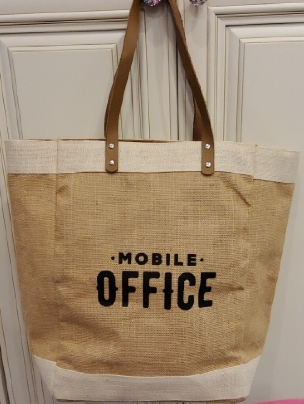 Mobile Office Jute Tote Bag in Natural and White